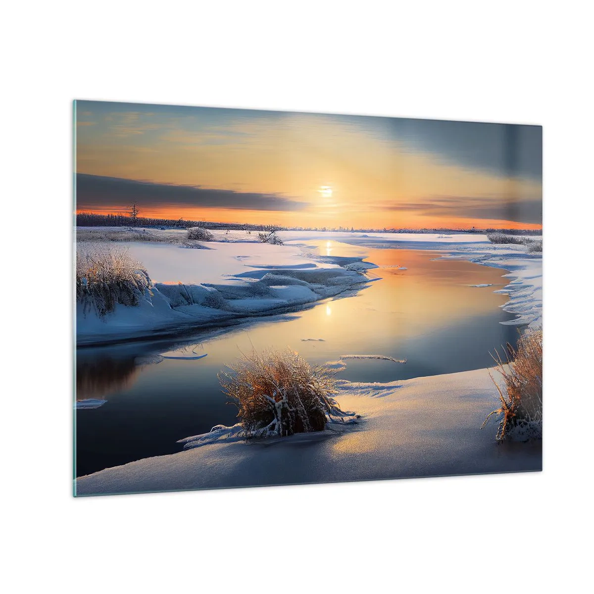 Impression sur verre - Image sur verre - Paysage d'hiver avec coucher de soleil sur une rivière gelée - 70x50cm - Coucher de soleil d'hiver - Décoration murale moderne pour le salon et la chambre ARTTOR