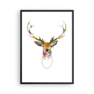 Affiche dans un cadre noir - Poster - Cerf coloré dans un style abstrait sur fond blanc - 50x70cm - Un cerf doux baigné de couleur - Décoration murale moderne pour le salon et la chambre ARTTOR