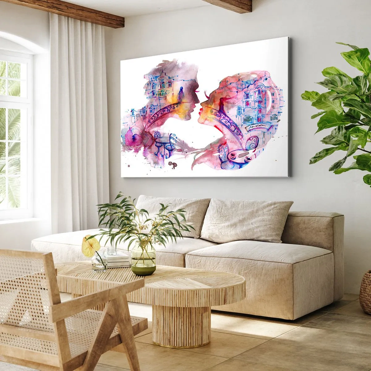 Impression sur toile - Image sur toile - Une aquarelle romantique représentant les silhouettes des amoureux - 120x80cm - Le pont secret des soupirs - Décoration murale moderne pour le salon et la chambre ARTTOR