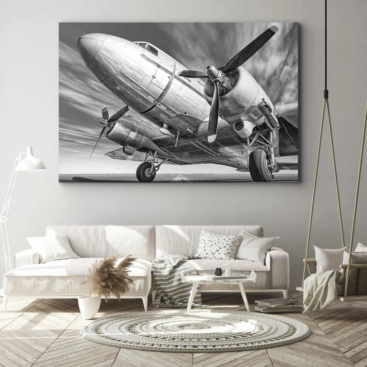 Impression sur toile - Image sur toile - Une image en noir et blanc d'un avion classique avec des détails structurels visibles. - 100x70cm - Toujours prêt à voler - Décoration murale moderne pour le salon et la chambre ARTTOR