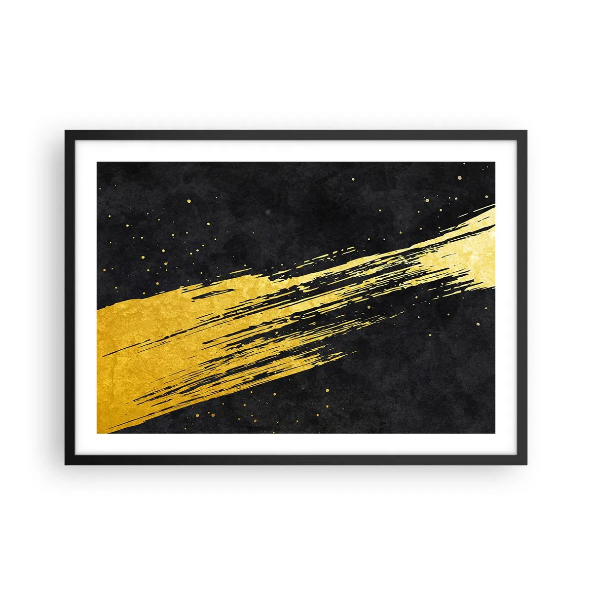 Affiche dans un cadre noir - Poster - Fond noir avec des coups de pinceau dorés dynamiques - 70x50cm - Sautez dans l'hyperespace - Décoration murale moderne pour le salon et la chambre ARTTOR