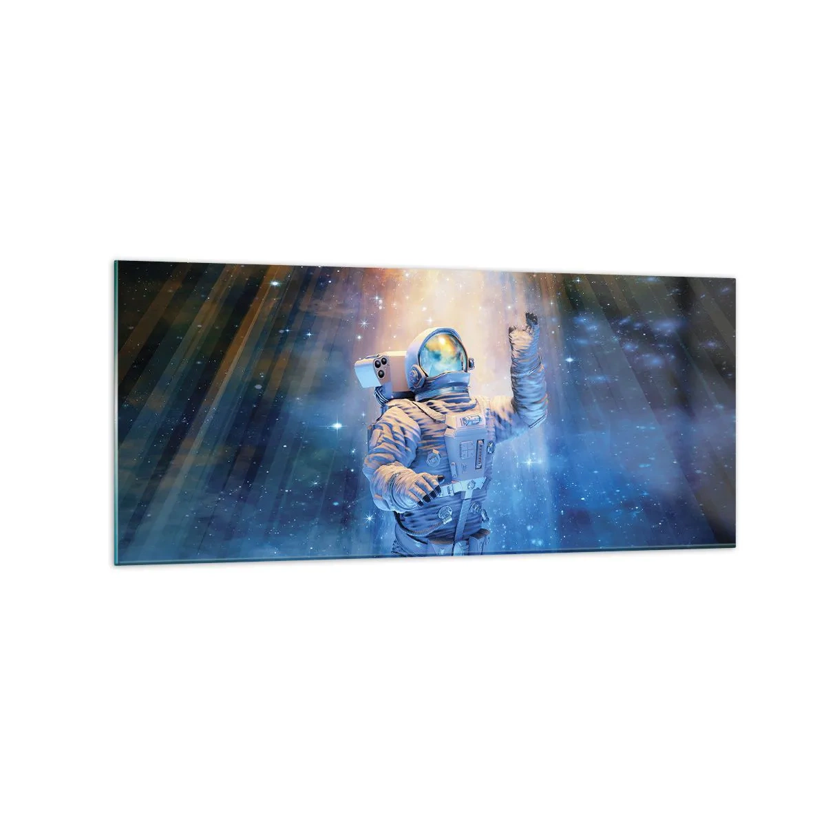 Impression sur verre - Image sur verre - Un astronaute à la lumière d'une explosion cosmique pleine d'étoiles - 120x50cm - Enfin arrivé - Décoration murale moderne pour le salon et la chambre ARTTOR