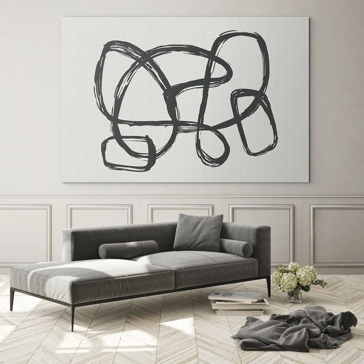 Impression sur verre - Image sur verre - Des boucles et des lignes noires forment une composition abstraite sur fond blanc. - 70x50cm - Abstraction en boucle - Décoration murale moderne pour le salon et la chambre ARTTOR