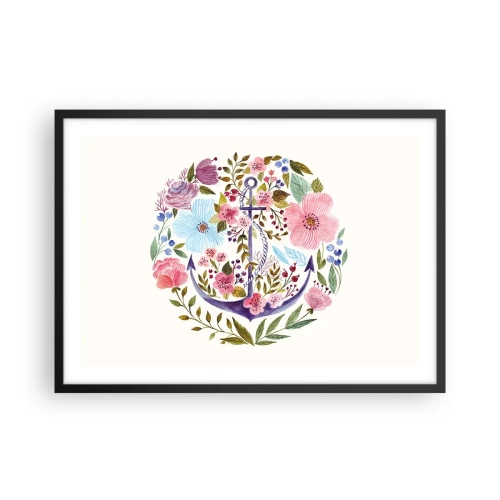 Affiche dans un cadre noir - Poster - Une ancre entourée de fleurs à l'aquarelle sur un fond clair - 70x50cm - Le beau rêve du marin - Décoration murale moderne pour le salon et la chambre ARTTOR