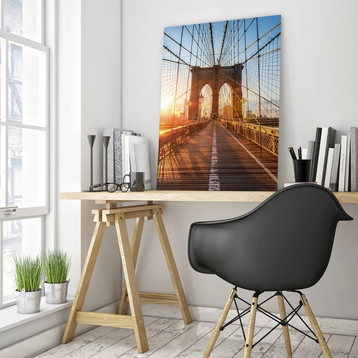 Impression sur verre - Image sur verre - Le pont à la lumière du soleil couchant avec vue sur la ville - 70x100cm - Sur le pont d'or - Décoration murale moderne pour le salon et la chambre ARTTOR
