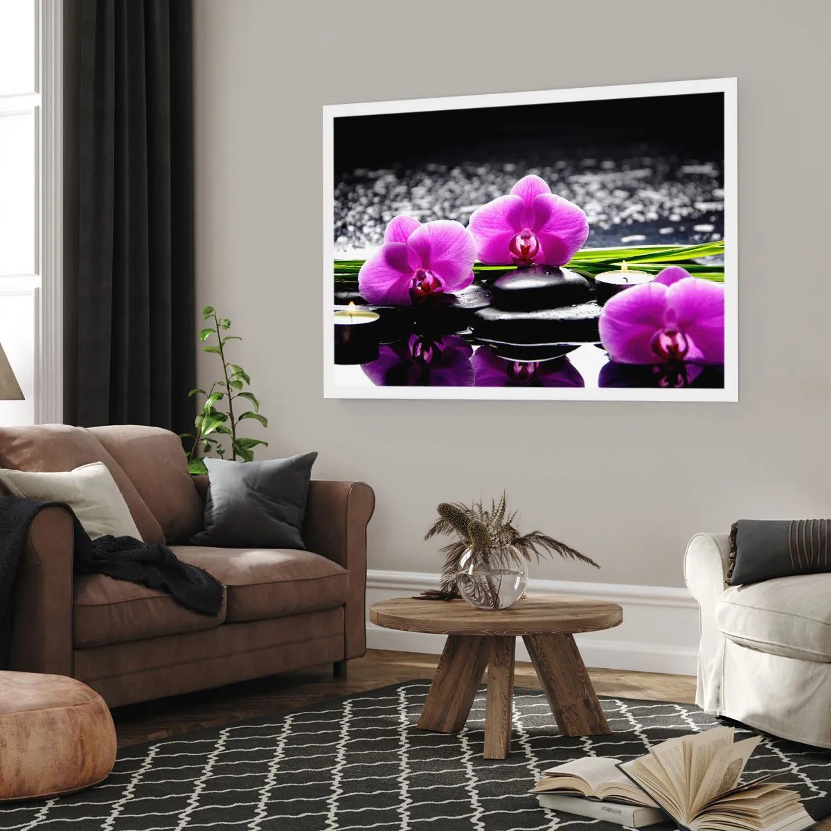 Affiche - Poster - Orchidées violettes sur fond de pierres et de bougies dans un cadre relaxant - 100x70cm - Se noyer dans la paix et la tranquillité - Décoration murale moderne pour le salon et la chambre ARTTOR