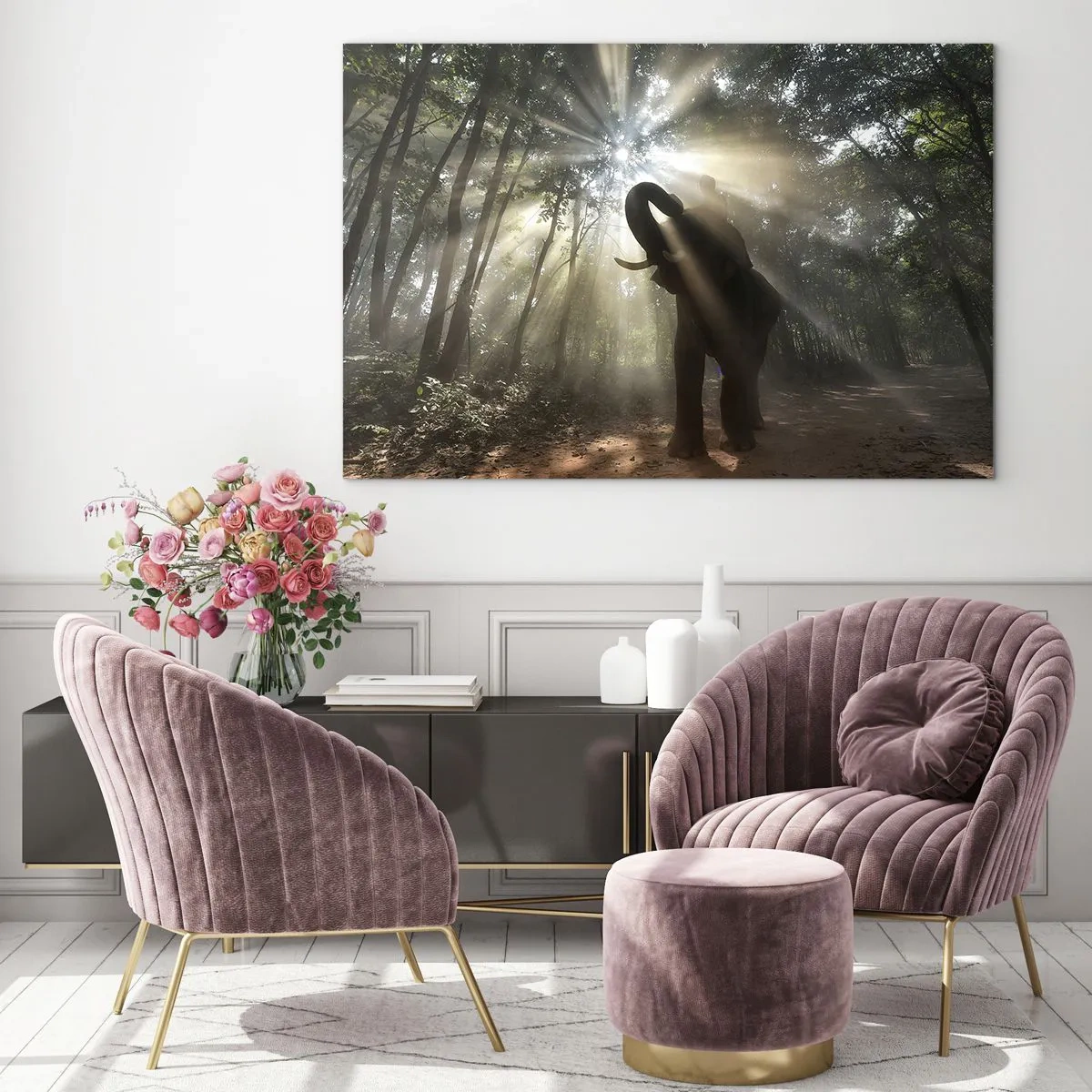 Impression sur verre - Image sur verre - Un éléphant dans une forêt éclairée par la lumière du soleil - 70x50cm - Sous la bonne étoile - Décoration murale moderne pour le salon et la chambre ARTTOR