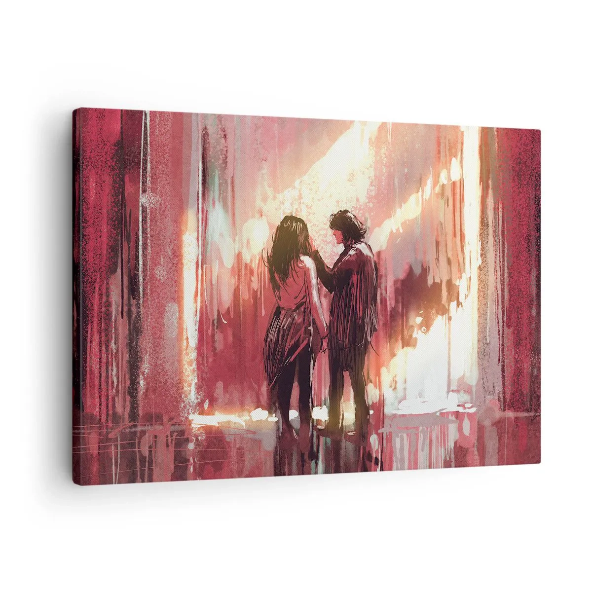Impression sur toile - Image sur toile - Un couple debout dans une lumière chaude sur fond de motifs abstraits - 70x50cm - L'éternel spectacle de l'amour - Décoration murale moderne pour le salon et la chambre ARTTOR