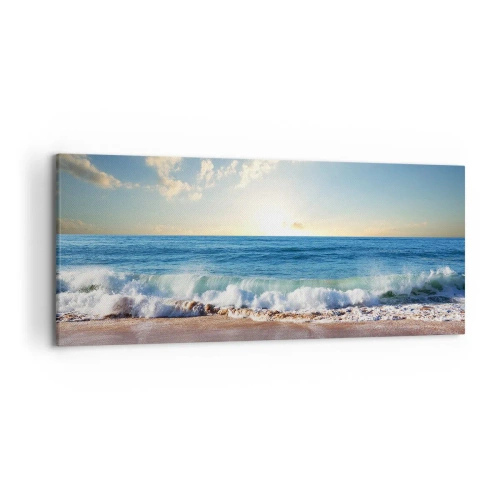 Impression sur toile - Image sur toile - Une plage ensoleillée avec des vagues s'écrasant sur le rivage - 120x50cm - Mouvement et immobilité à la fois - Décoration murale moderne pour le salon et la chambre ARTTOR