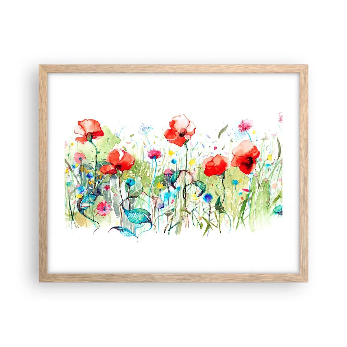 Affiche dans un chêne clair - Poster - Prairie de fleurs en mai - 50x40 cm
