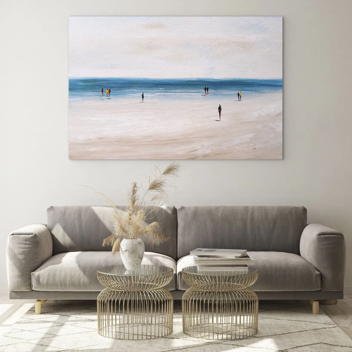 Impression sur verre - Image sur verre - Une plage tranquille avec des silhouettes de personnes marchant le long de la mer - 100x70cm - Un besoin naturel - Décoration murale moderne pour le salon et la chambre ARTTOR