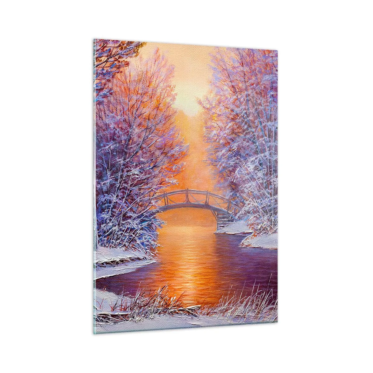 Impression sur verre - Image sur verre - Paysage d'hiver avec un pont et des arbres enneigés au coucher du soleil - 50x70cm - On se rencontre ici - Décoration murale moderne pour le salon et la chambre ARTTOR