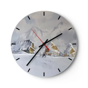 Horloge murale - Pendule murale - Paysage d'hiver avec un chalet et des meules de foin dans la neige - 30x30cm - Dans une vallée enneigée - Décoration murale moderne pour le salon, la cuisine et la chambre ARTTOR