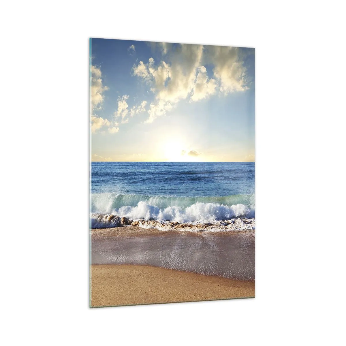 Impression sur verre - Image sur verre - Une plage ensoleillée avec des vagues s'écrasant sur le rivage - 70x100cm - Mouvement et immobilité à la fois - Décoration murale moderne pour le salon et la chambre ARTTOR