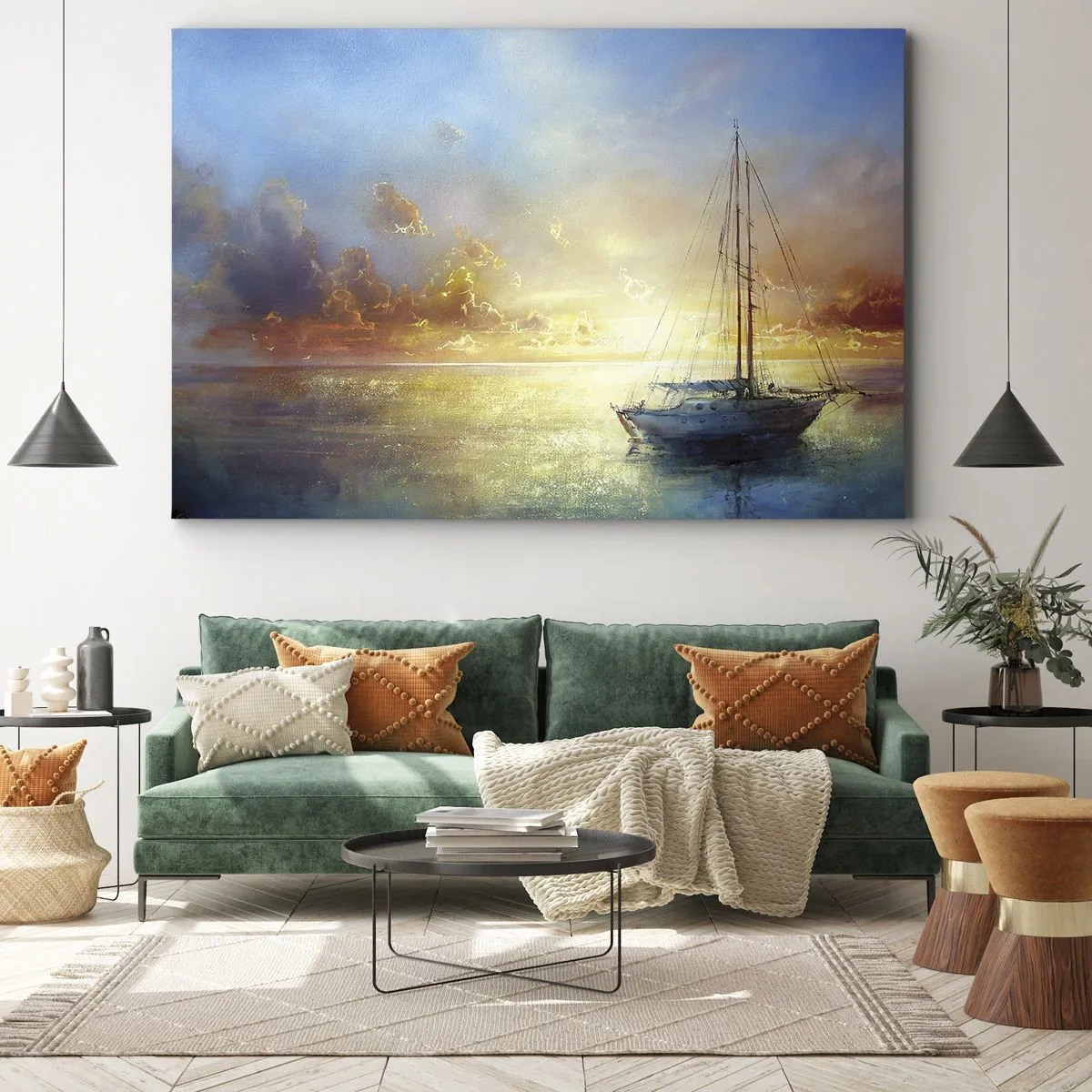 Impression sur toile - Image sur toile - Un yacht sur une mer calme au coucher du soleil - 100x70cm - Dans une baie dorée - Décoration murale moderne pour le salon et la chambre ARTTOR