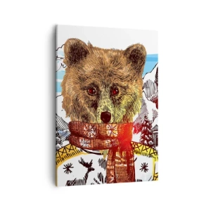 Impression sur toile - Image sur toile - Un ours en pull et écharpe avec une maison de montagne en arrière-plan - 50x70cm - La cabane aux ours - Décoration murale moderne pour le salon et la chambre ARTTOR