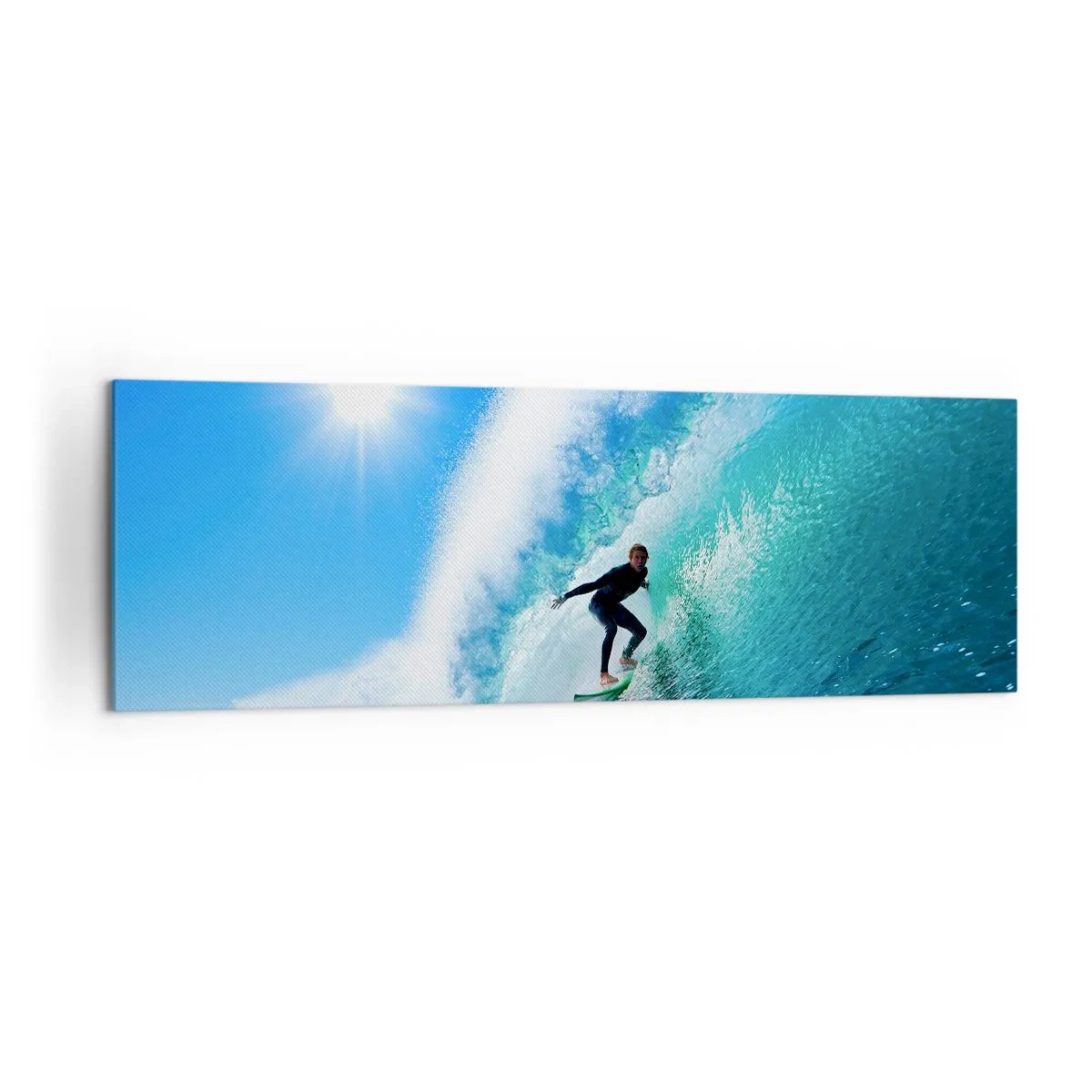 Impression sur toile - Image sur toile - Un surfeur sur une planche chevauche une vague puissante sous un ciel bleu. - 160x50cm - A travers le grand ciel bleu - Décoration murale moderne pour le salon et la chambre ARTTOR