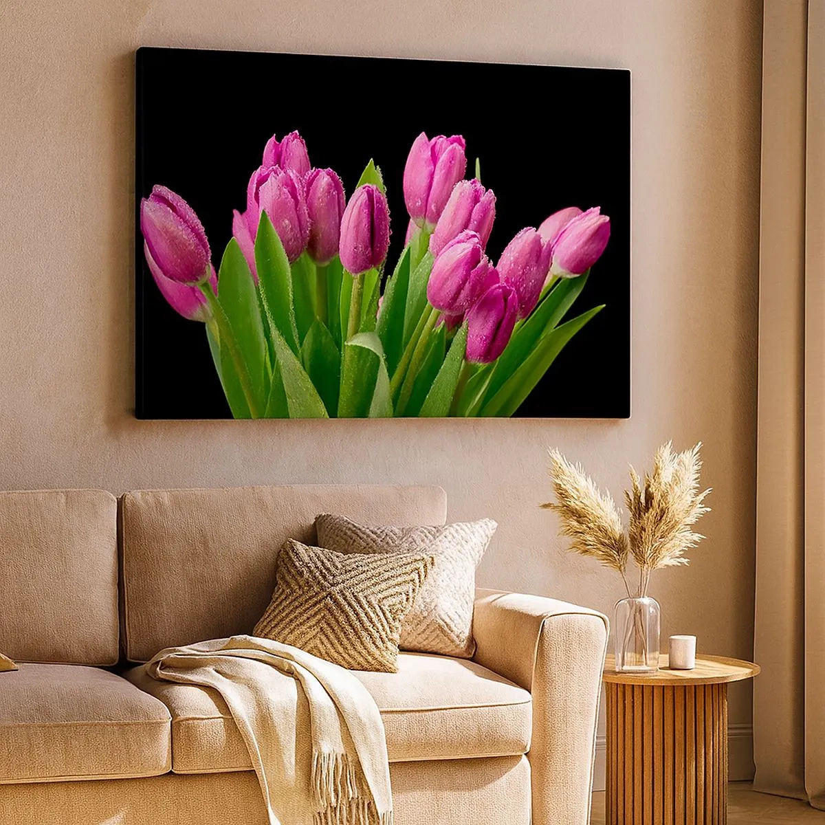 Impression sur toile - Image sur toile - Tulipes roses avec des gouttes de rosée sur fond noir - 70x50cm - Joie printanière des lilas - Décoration murale moderne pour le salon et la chambre ARTTOR