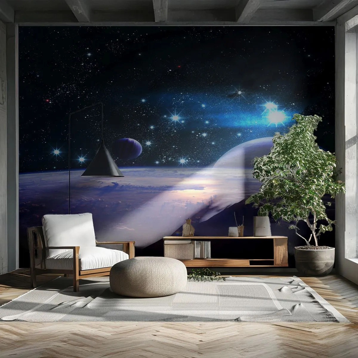 Papier Peint Photo Premium Sand - Vue de l'espace avec des planètes et des étoiles - 100x70cm - Toujours seul? - Décoration murale moderne pour le salon et la chambre ARTTOR
