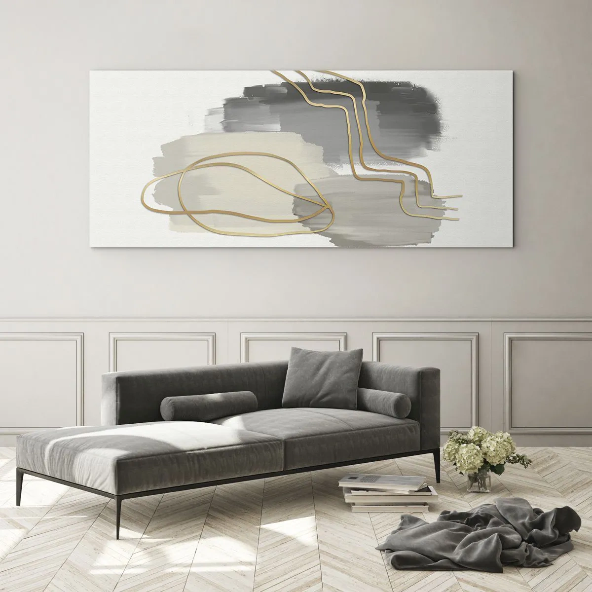 Impression sur verre - Image sur verre - Lignes dorées abstraites sur fond gris - 160x50cm - Durée et mouvement - Décoration murale moderne pour le salon et la chambre ARTTOR
