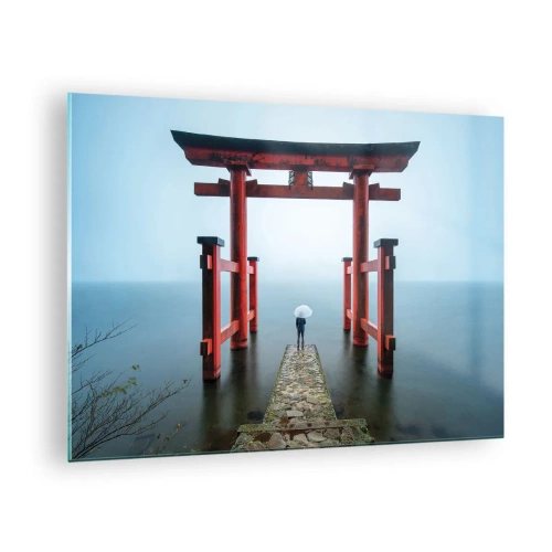 Impression sur verre - Image sur verre - Un torii rouge sur une eau calme dans un décor brumeux - 70x50cm - Rêverie japonnaise - Décoration murale moderne pour le salon et la chambre ARTTOR