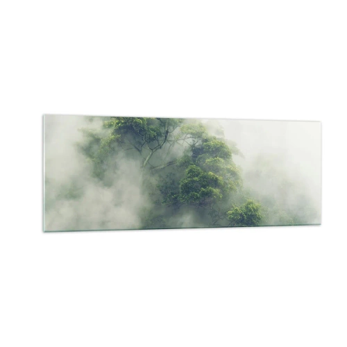Impression sur verre - Image sur verre - Arbres verts dans un épais brouillard sur fond naturel - 140x50cm - Enveloppé de brouillard - Décoration murale moderne pour le salon et la chambre ARTTOR