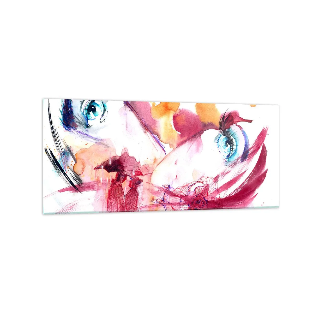 Impression sur verre - Image sur verre - Un visage abstrait avec des yeux expressifs et des accents rouges. - 120x50cm - Le monde prospère dans la proximité - Décoration murale moderne pour le salon et la chambre ARTTOR