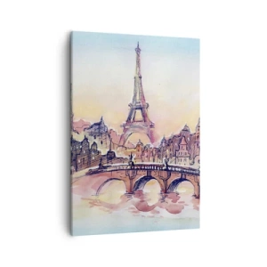 Impression sur toile - Image sur toile - Panorama aquarelle de Paris avec la Tour Eiffel au coucher du soleil - 50x70cm - La seule ville de ce type au monde - Décoration murale moderne pour le salon et la chambre ARTTOR