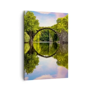 Impression sur toile - Image sur toile - Un pont de pierre sur une rivière avec un reflet parfait dans l'eau - 50x70cm - À la jonction de deux mondes - Décoration murale moderne pour le salon et la chambre ARTTOR