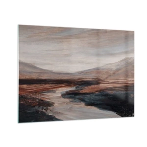 Impression sur verre - Image sur verre - Une vallée pittoresque avec une rivière aux tons bruns et bleus - 70x50cm - Une vallée tranquille - Décoration murale moderne pour le salon et la chambre ARTTOR
