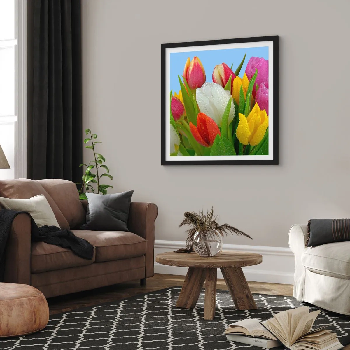 Affiche dans un cadre noir - Poster - Un arc-en-ciel fleuri en gouttes de rosée - 60x60 cm