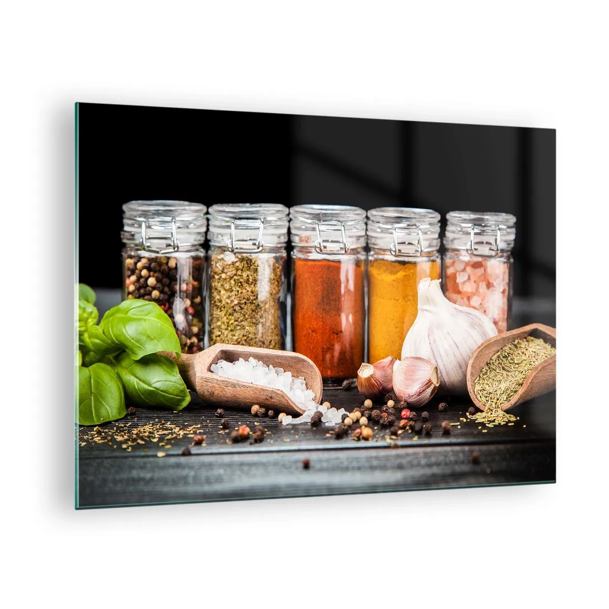 Impression sur verre - Image sur verre - Épices colorées dans des pots sur fond sombre - 70x50cm - Pour que la vie ait du goût - Décoration murale moderne pour le salon et la chambre ARTTOR