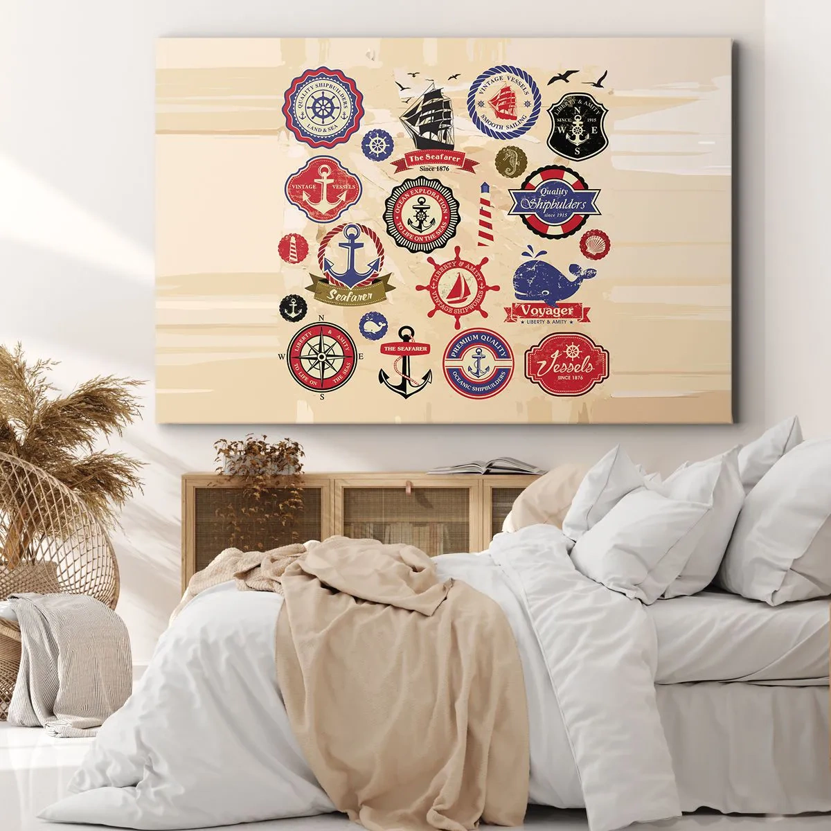 Impression sur toile - Image sur toile - Une collection de graphiques et de symboles nautiques sur fond clair - 70x50cm - La fraternité de la voile - Décoration murale moderne pour le salon et la chambre ARTTOR