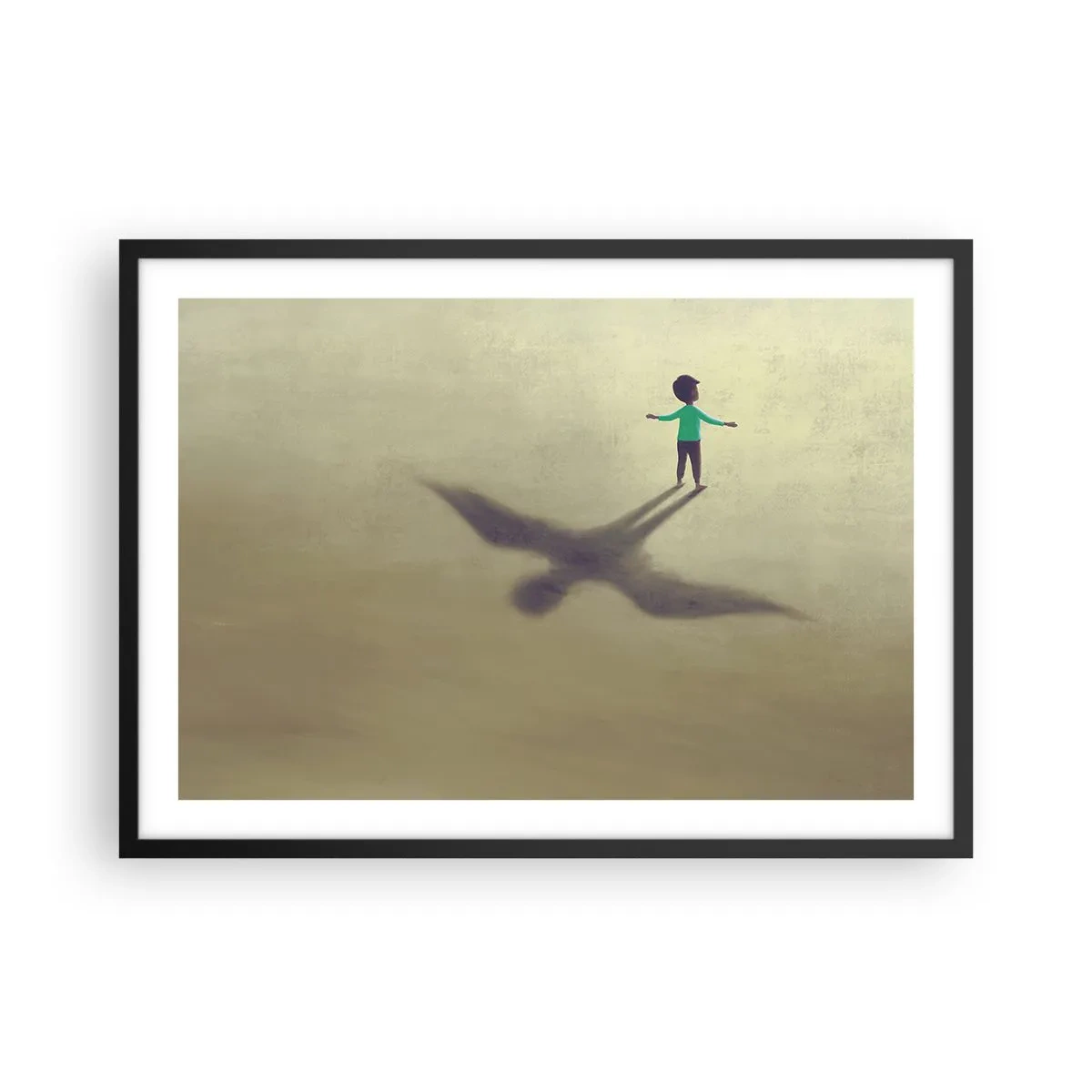 Affiche dans un cadre noir - Poster - Une figure symbolique d'un enfant avec l'ombre d'un oiseau sur un fond aux tons chauds. - 70x50cm - Héros du futur - Décoration murale moderne pour le salon et la chambre ARTTOR