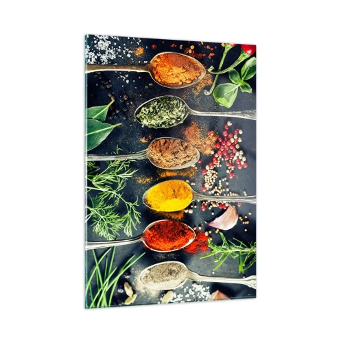 Impression sur verre - Image sur verre - Épices colorées dans des cuillères entourées d'herbes fraîches et de légumes - 50x70cm - Magie culinaire - Décoration murale moderne pour le salon et la chambre ARTTOR
