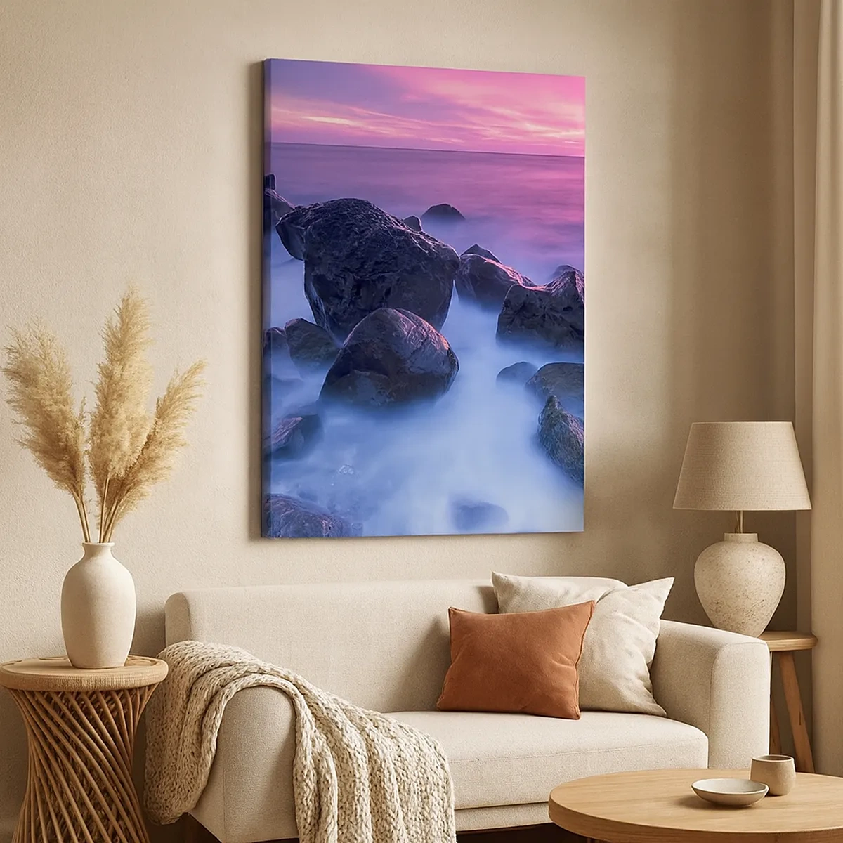 Impression sur toile - Image sur toile - Côte rocheuse au coucher du soleil - 50x70cm - Naissance dans la lumière et le brouillard - Décoration murale moderne pour le salon et la chambre ARTTOR