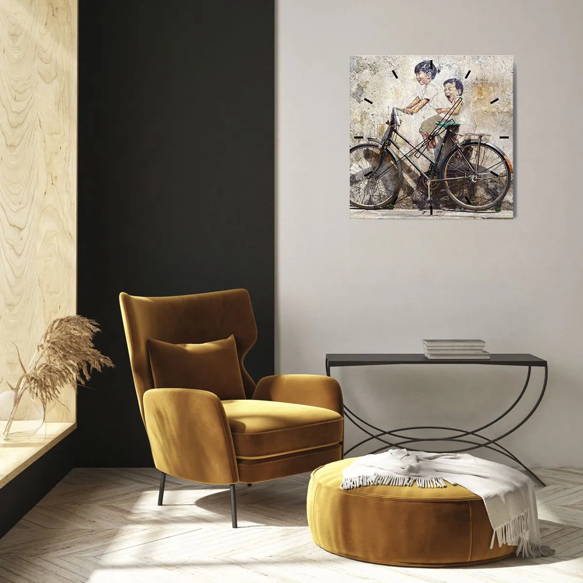 Horloge murale - Pendule murale - Street art avec un vélo et des dessins d'enfants sur le mur - 30x30cm - Vrai ou faux? - Décoration murale moderne pour le salon et la chambre ARTTOR