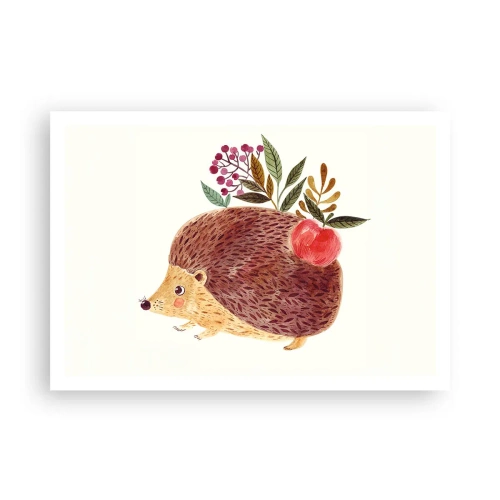 Affiche - Poster - Un hérisson mignon avec une pomme et des plantes dans un style illustratif - 100x70cm - Et tu m’apprécies déjà - Décoration murale moderne pour le salon et la chambre ARTTOR