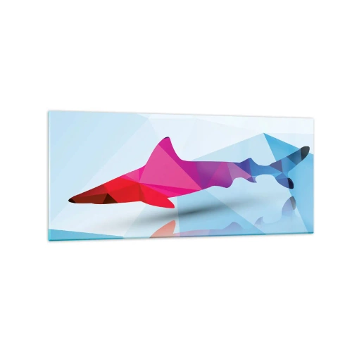 Impression sur verre - Image sur verre - Silhouette de requin géométrique dans les tons rose et bleu - 120x50cm - Un requin dans un espace de cristal - Décoration murale moderne pour le salon et la chambre ARTTOR