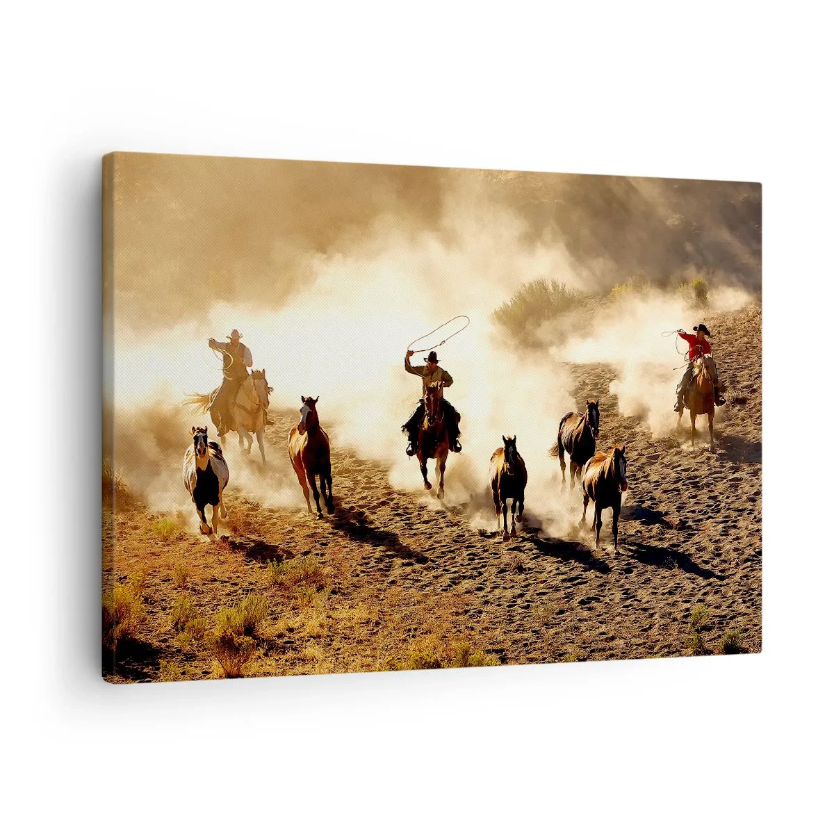 Impression sur toile - Image sur toile - Cowboys à cheval en action sur un terrain désertique - 70x50cm - L'ouest vraiment sauvage - Décoration murale moderne pour le salon et la chambre ARTTOR