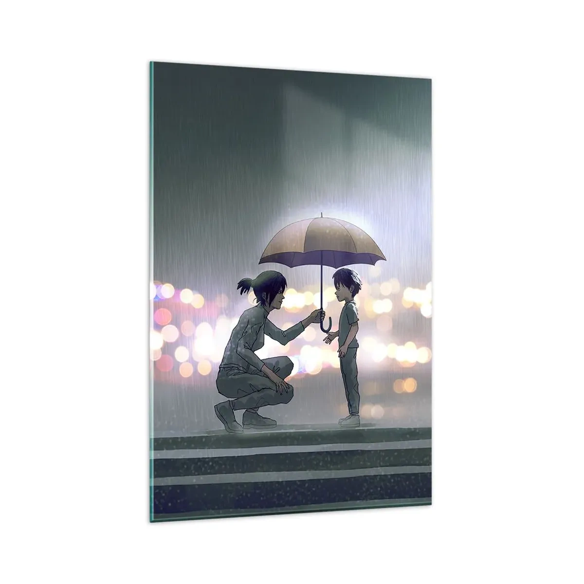 Impression sur verre - Image sur verre - Une silhouette avec un parapluie protégeant un enfant sur fond de lumières nocturnes. - 80x120cm - Et maintenant, tout va bien - Décoration murale moderne pour le salon et la chambre ARTTOR