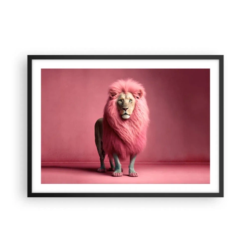 Affiche dans un cadre noir - Poster - Un lion rendu artistiquement avec une crinière rose sur un fond rose - 70x50cm - Et tu n'as plus peur - Décoration murale moderne pour le salon et la chambre ARTTOR