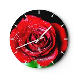 Horloge murale - Pendule murale - Une rose rouge couverte de gouttes de rosée - 30x30cm - C'est ça l'amour - Décoration murale moderne pour le salon, la cuisine et la chambre ARTTOR