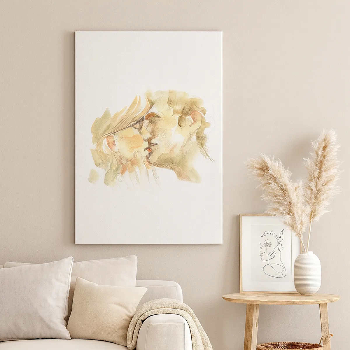 Impression sur toile - Image sur toile - Portrait romantique à l'aquarelle d'un couple s'embrassant - 50x70cm - A moitié trouvé ? - Décoration murale moderne pour le salon et la chambre ARTTOR