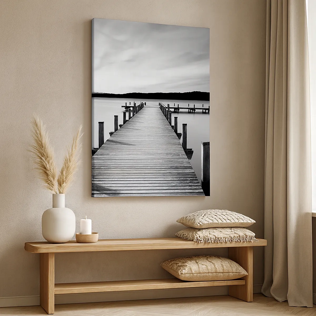 Impression sur toile - Image sur toile - Une jetée noire et blanche sur un lac calme - 50x70cm - Au point d'eau - la paix - Décoration murale moderne pour le salon et la chambre ARTTOR