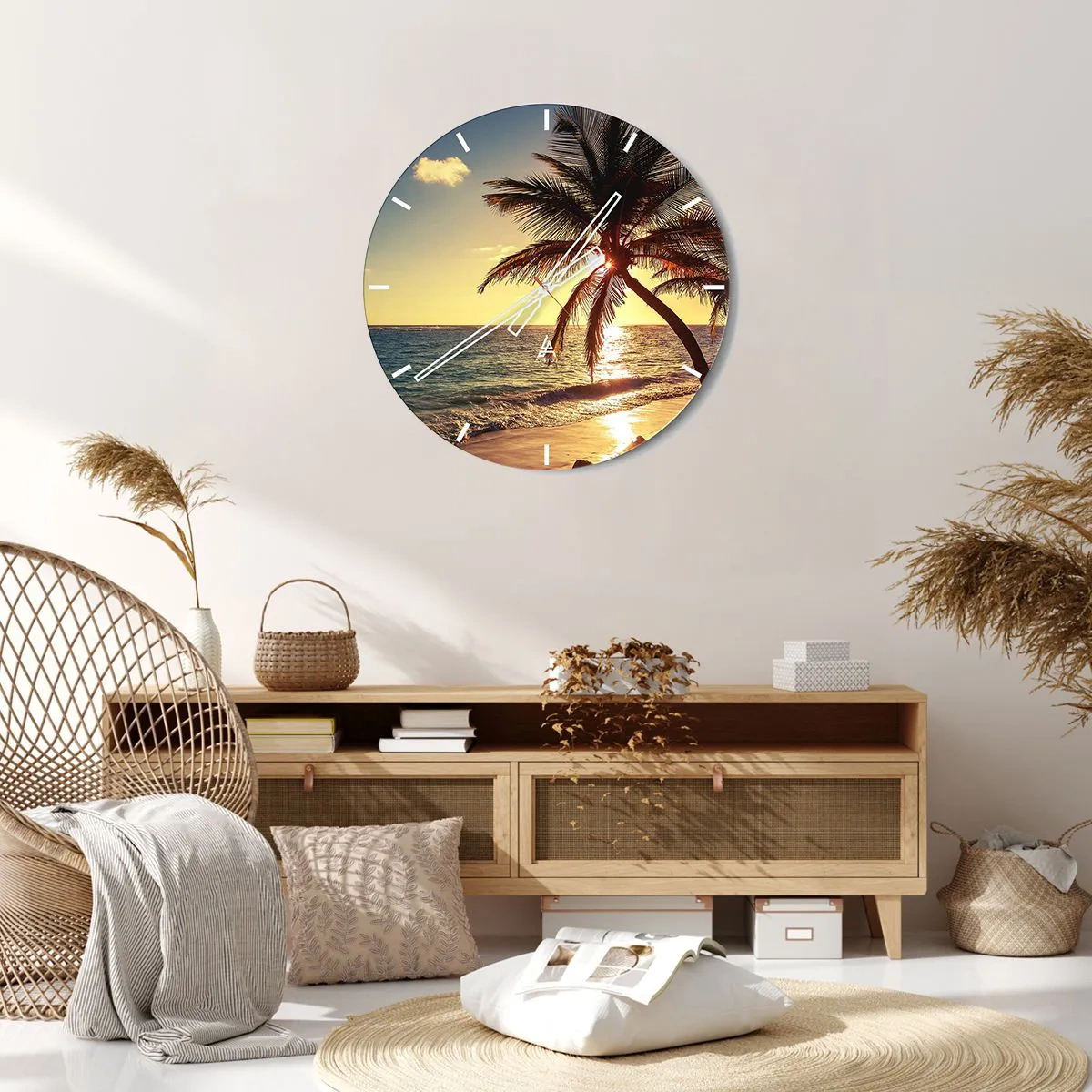 Horloge murale - Pendule murale - Plage de palmiers au coucher du soleil sur un océan calme - 30x30cm - L'été sous les palmiers - Décoration murale moderne pour le salon, la cuisine et la chambre ARTTOR