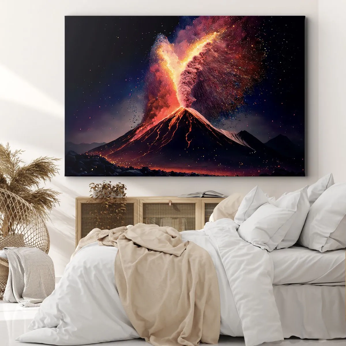 Impression sur toile - Image sur toile - Une éruption volcanique unique la nuit avec des couleurs dynamiques. - 100x70cm - Beauté et horreur - Décoration murale moderne pour le salon et la chambre ARTTOR