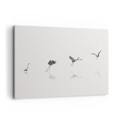 Impression sur toile - Image sur toile - Quatre silhouettes d'oiseaux se reflètent dans l'eau calme - 100x70cm - Quatre étapes simples - Décoration murale moderne pour le salon et la chambre ARTTOR
