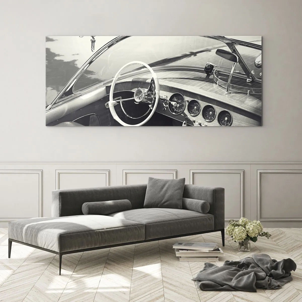 Impression sur verre - Image sur verre - Intérieur de voiture classique de style monochrome - 140x50cm - Temps pour riche - Décoration murale moderne pour le salon et la chambre ARTTOR