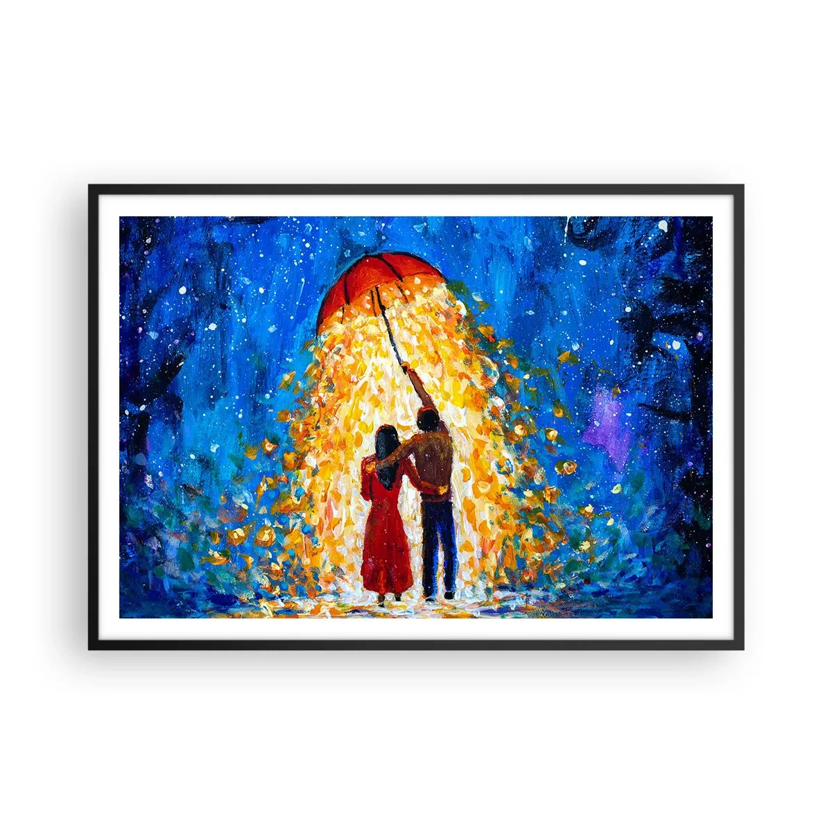 Affiche dans un cadre noir - Poster - Un couple sous un parapluie rouge sous la pluie lumineuse - 100x70cm - La magie d'une soirée pluvieuse ? - Décoration murale moderne pour le salon et la chambre ARTTOR